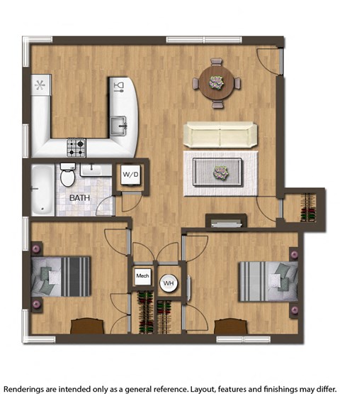 Floor plan for 2 beds, 1 bath, 804 sqft